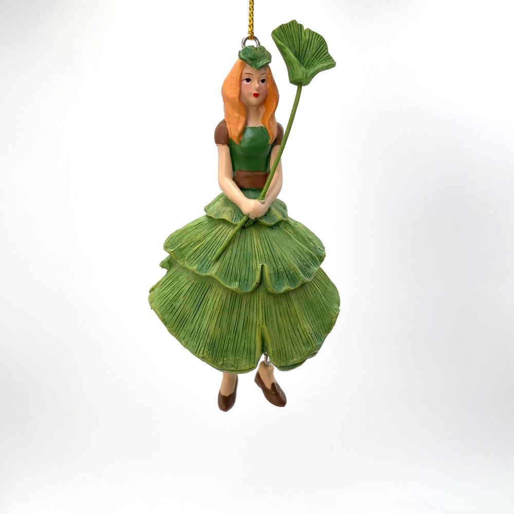 Ginkgo Clover Leaf Girl Fairy Ornament Green Dress Dangling Legs Whimsical 4"